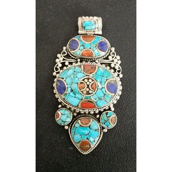 Tibetan Silver Turquoise And Coral Pendant - Picture 1 of 2